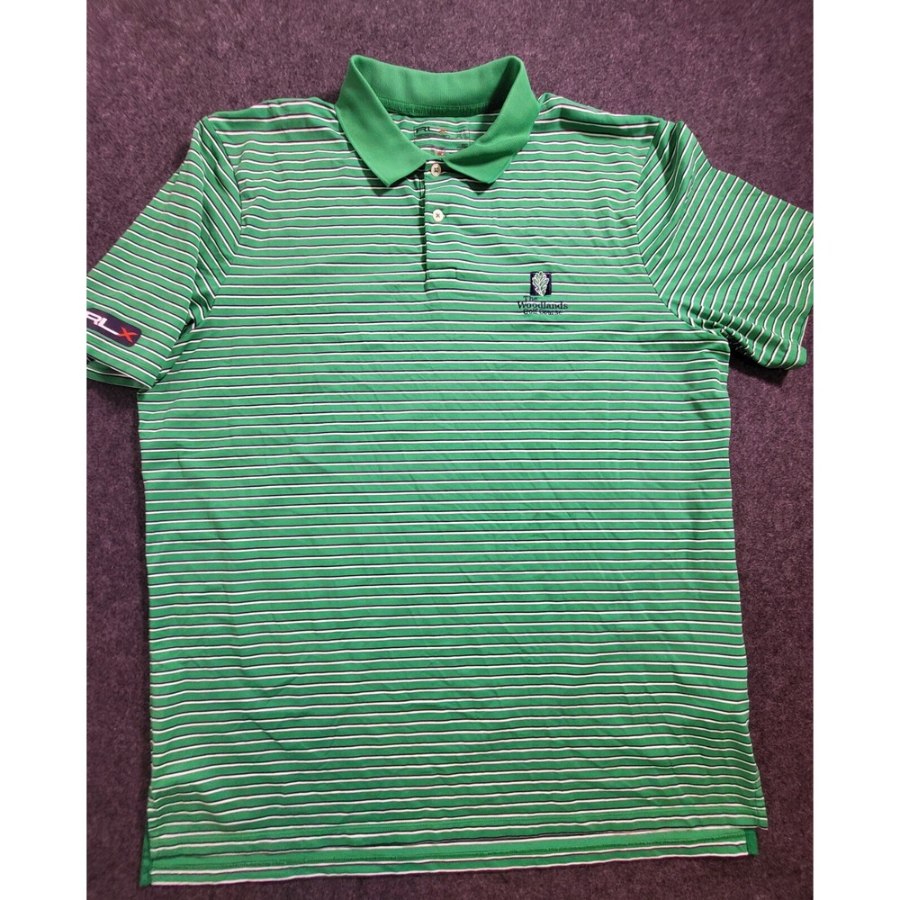 RLX Polo Ralph Lauren XL Green Navy  Striped Short Sleeve Wicking Shirt Woodland